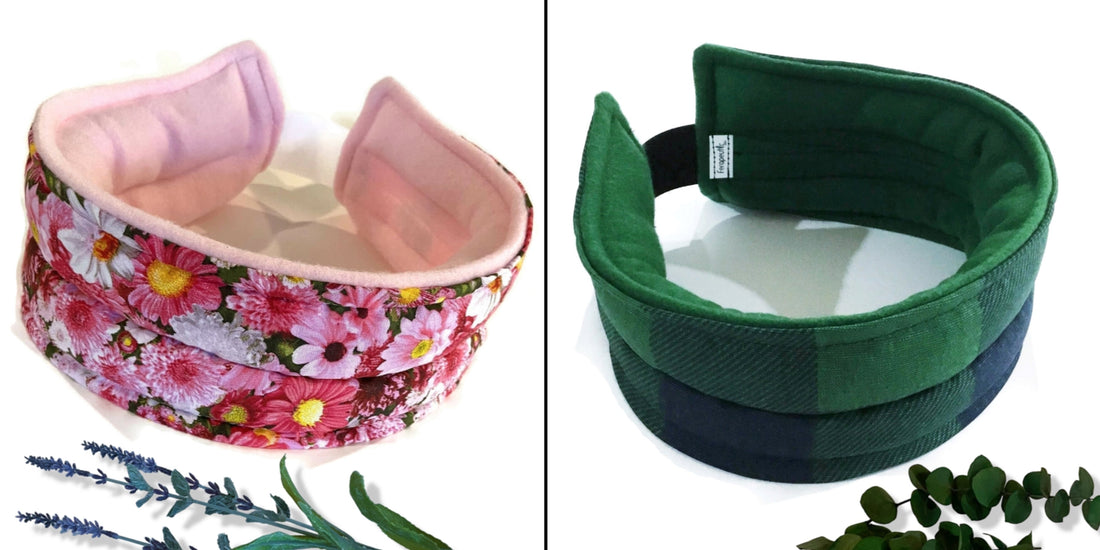 Close-Up of Head Wrap Fabric & Closure: "Close-up view of microwavable head wrap fabric texture and adjustable hook and loop closure for customized fit."