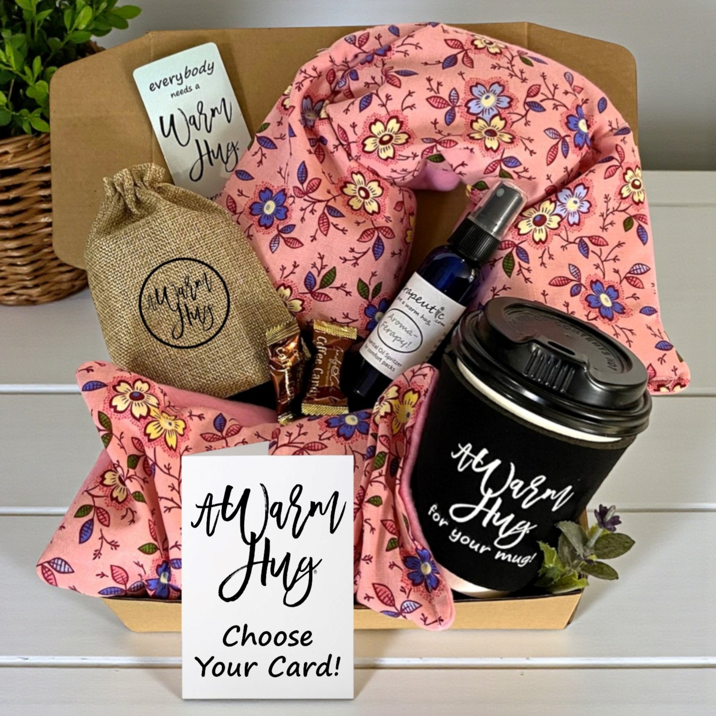 A Warm Hug Box, Best Gift with Microwavable Heat Pads, Essential Oil Spray, Cup Sleeve, Magnet , Pink Fabric