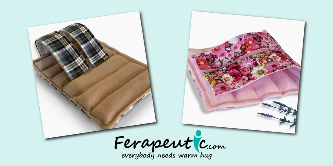 Hot or Cold Knee Wraps, Natural Flax seed and Rice filled knee packs with adjustable straps in tan plaid and pink floral fabrics