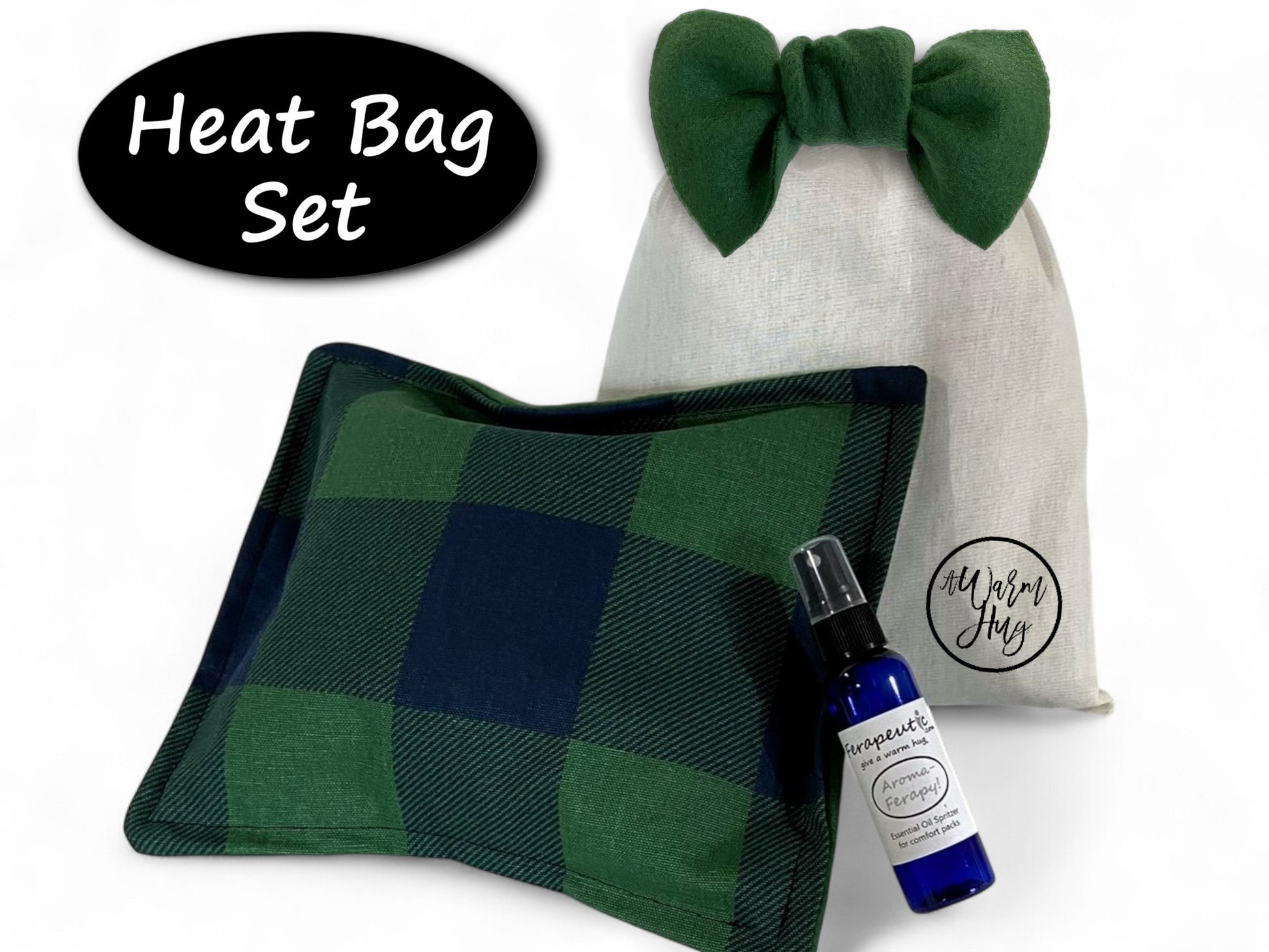 Heat bag set with green checkered bag, white gift pouch with green bow, and small lavender spray bottle on a white background