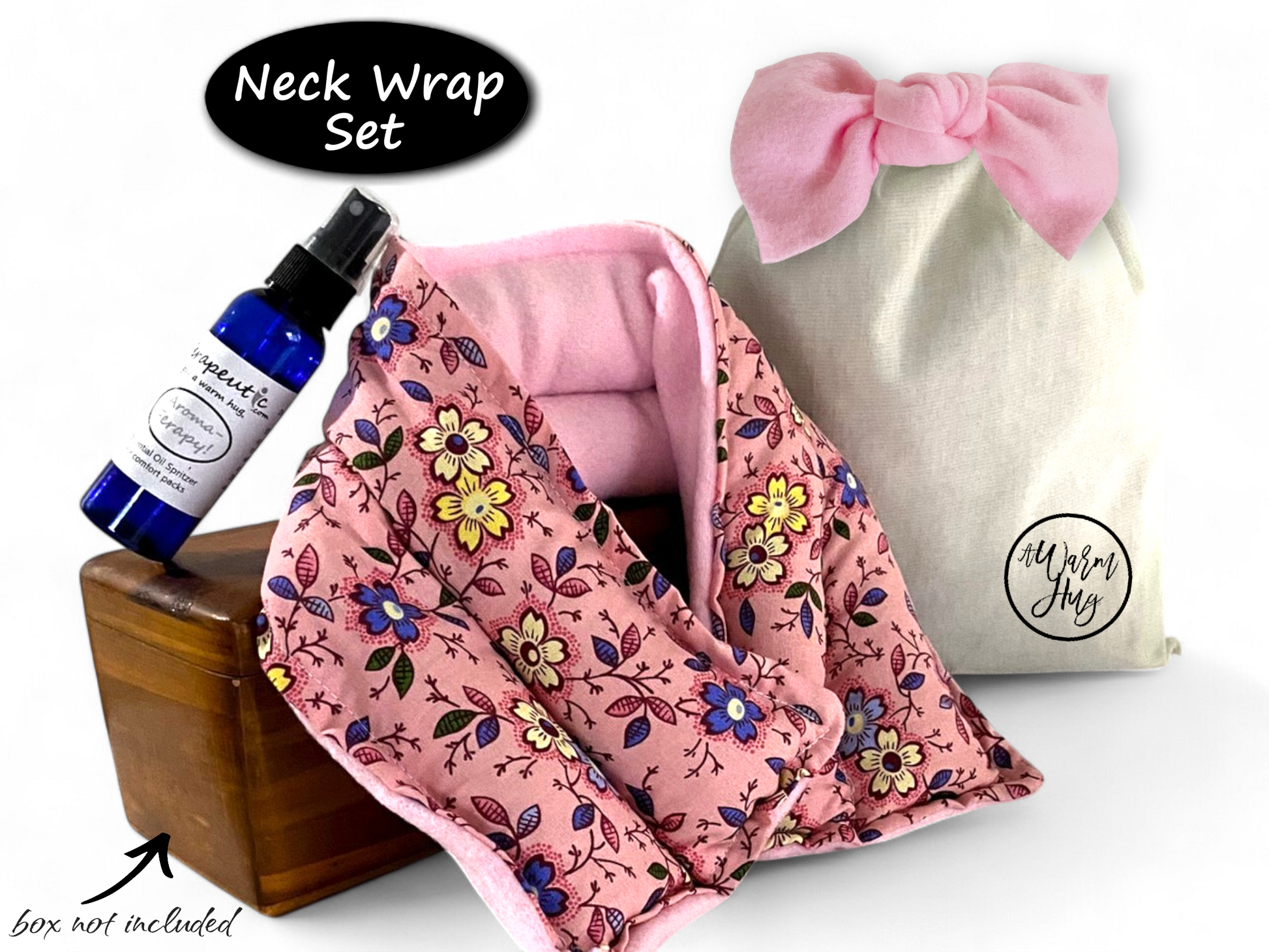 Neck Wrap warm hug gift set with floral fabric, bottle, and cotton gift bag on a white background