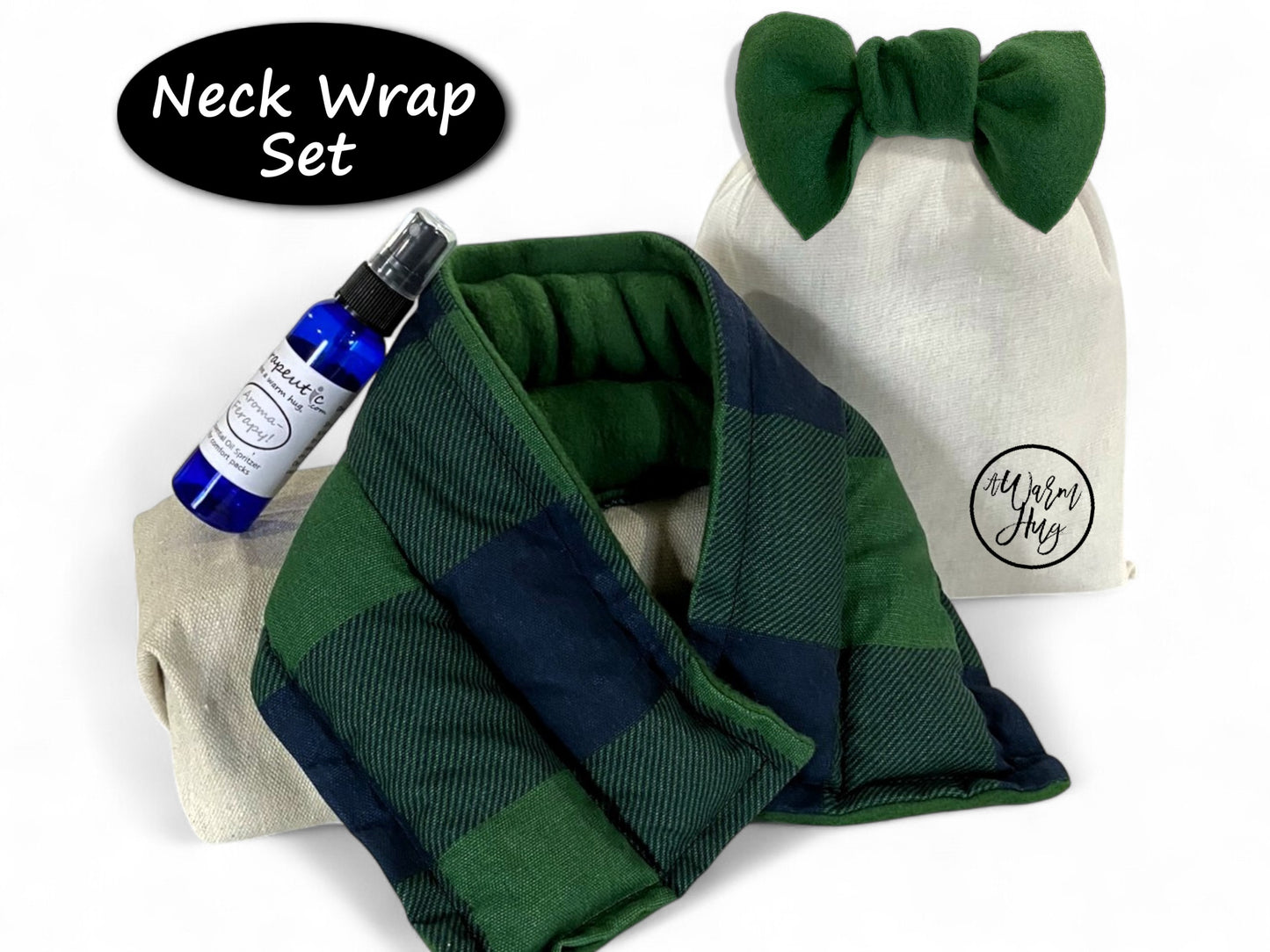 Green checkered neck wrap heat pad set with an aromatherapy lavender spray bottle and  gift pouch with green bow on a white background