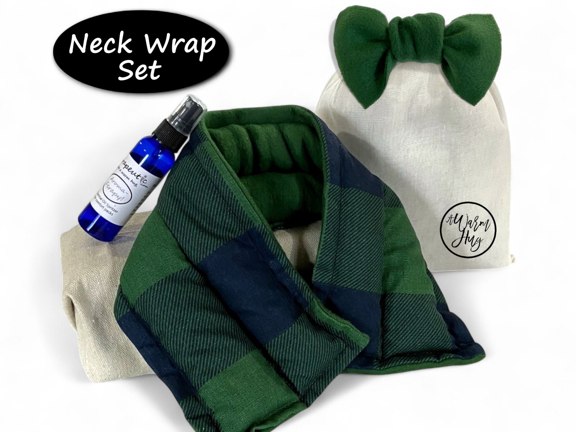 Green checkered neck wrap heat pad set with an aromatherapy lavender spray bottle and  gift pouch with green bow on a white background