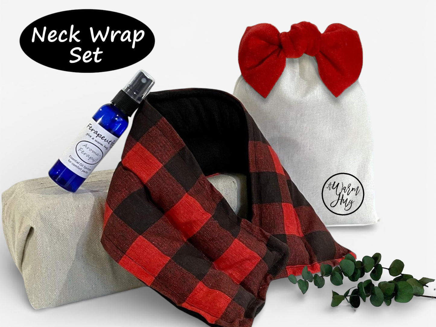 Neck wrap heat pad set with plaid design, aromatherapy spray bottle, and gift bag on a white background