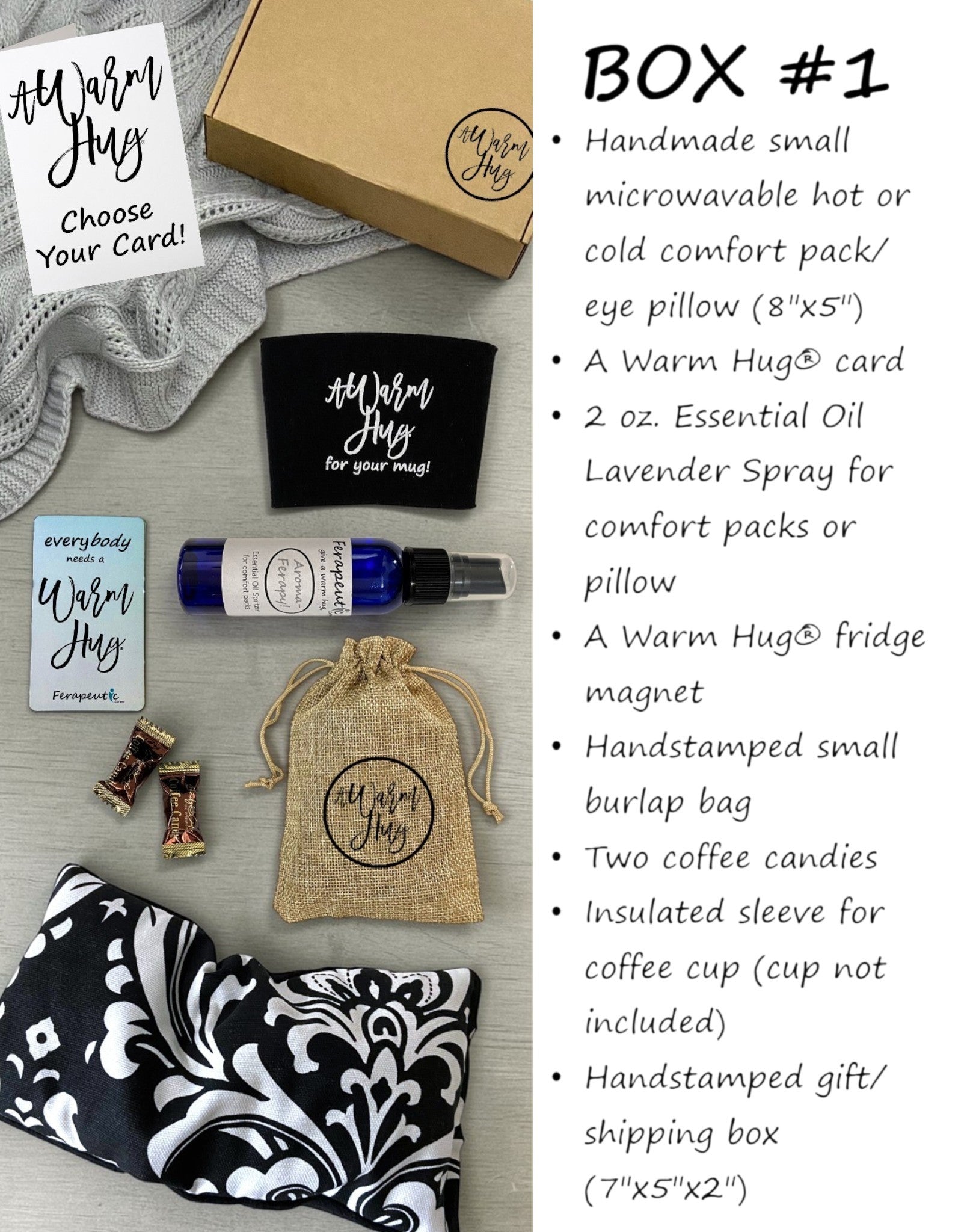 Collection of 'A Warm Hug' products including a card, spray, and packaging on a gray surface.