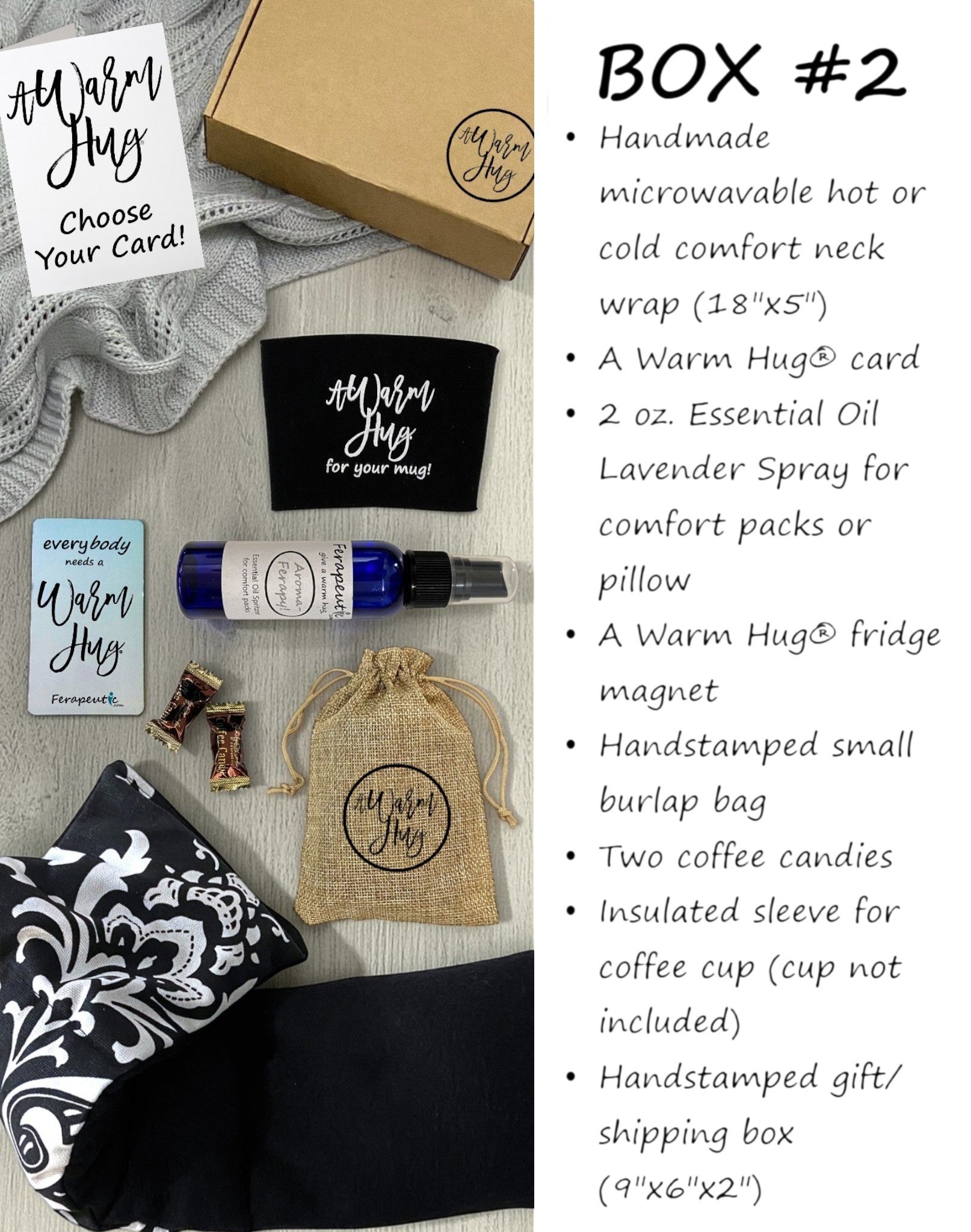 Collection of 'A Warm Hug' products including a neck wrap, essential oil spray, and packaging on a wooden surface.