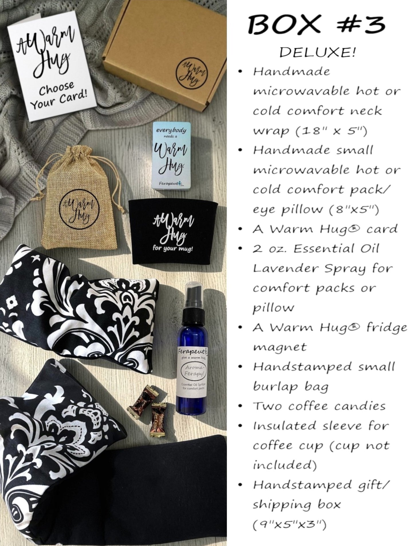 Collection of 'Warm Hugs' products including a card, eye pillow, lavender spray, and more on a wooden surface.