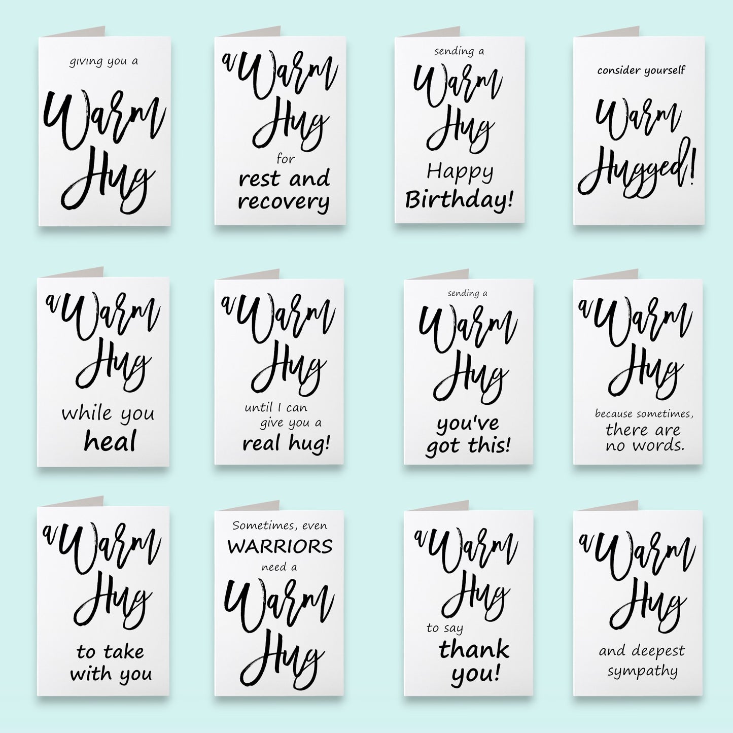 Collection of 'Warm Hug' cards with various messages on a light blue background