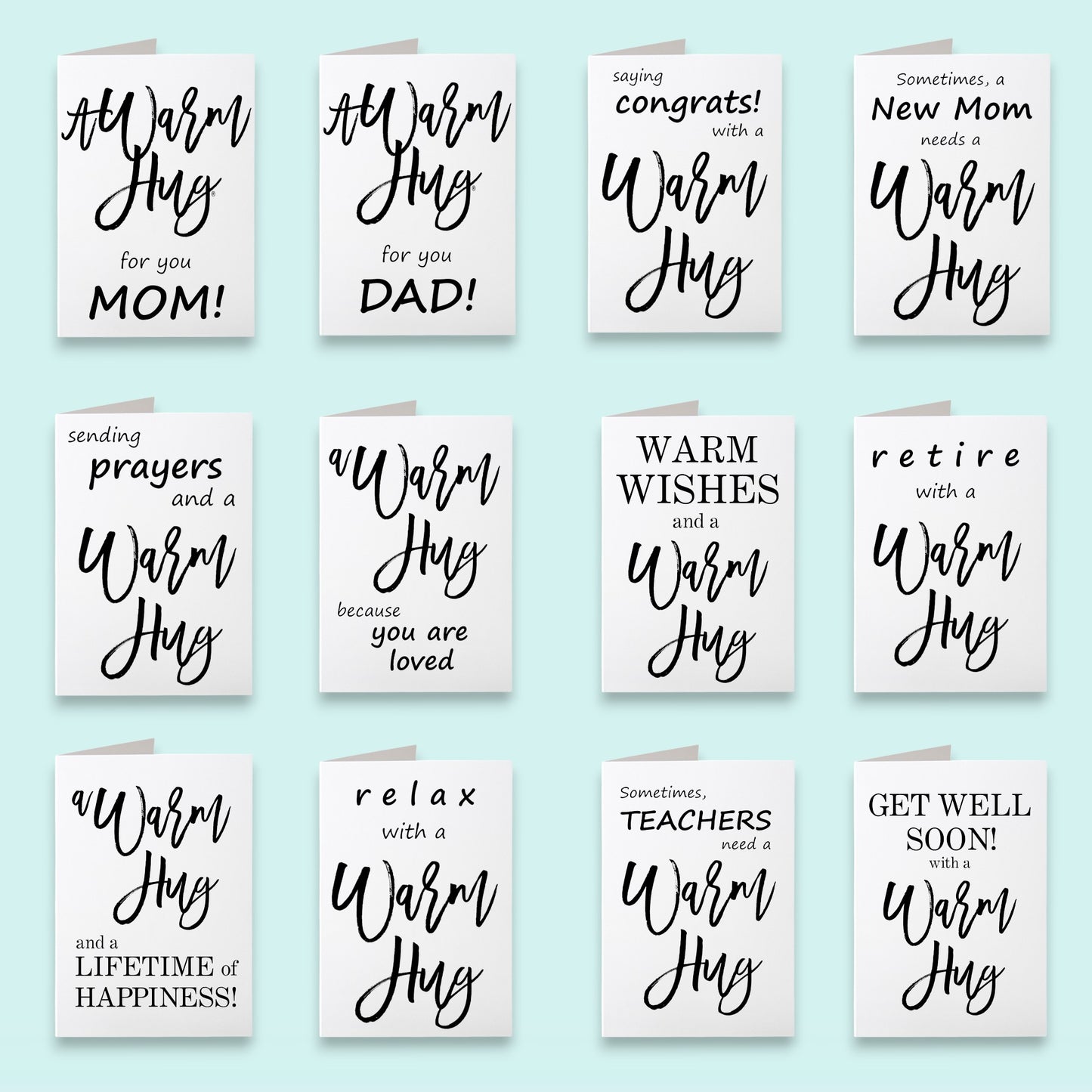 Collection of cards with various messages about warm hugs on a light blue background