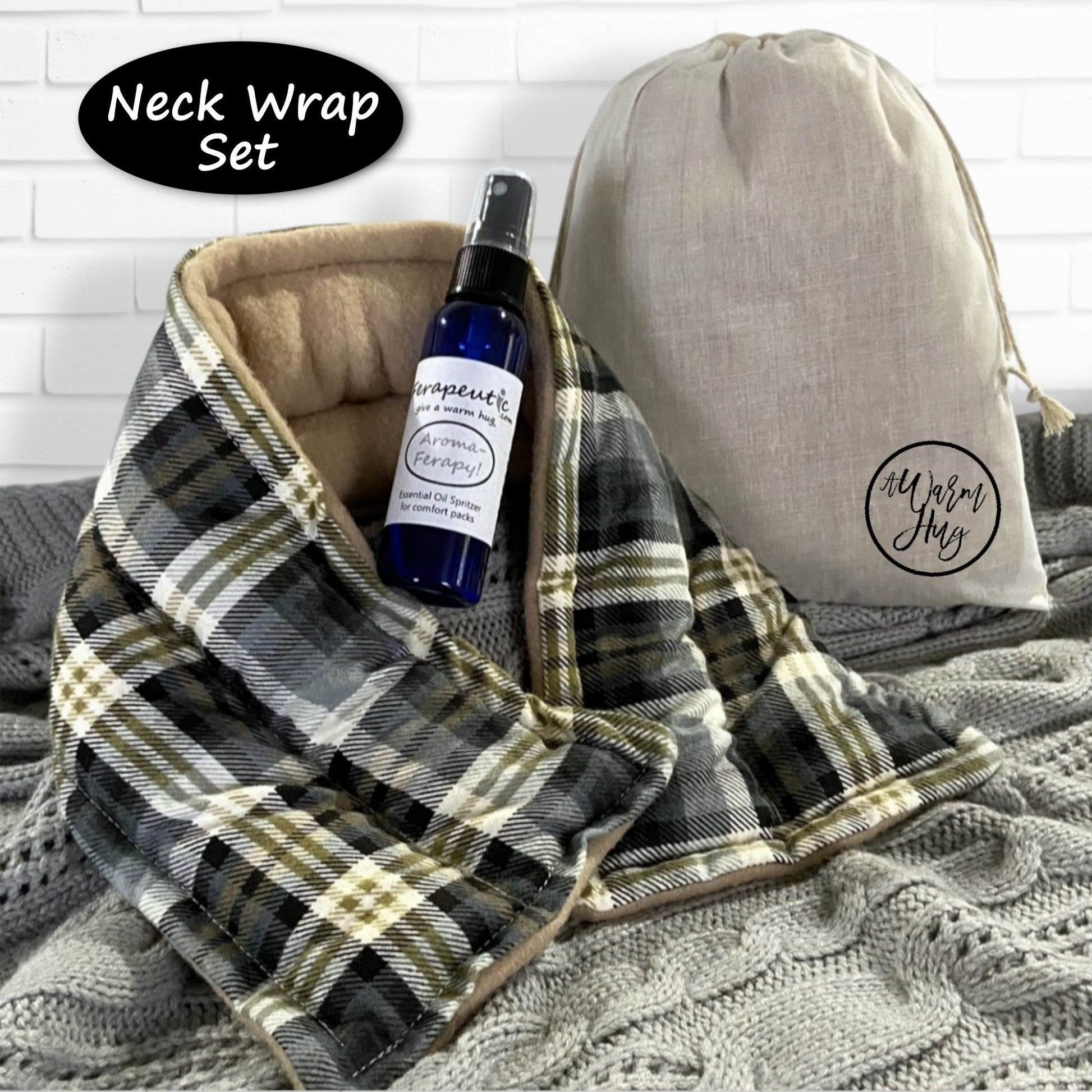 Neck wrap set with a bottle and pouch on a textured surface