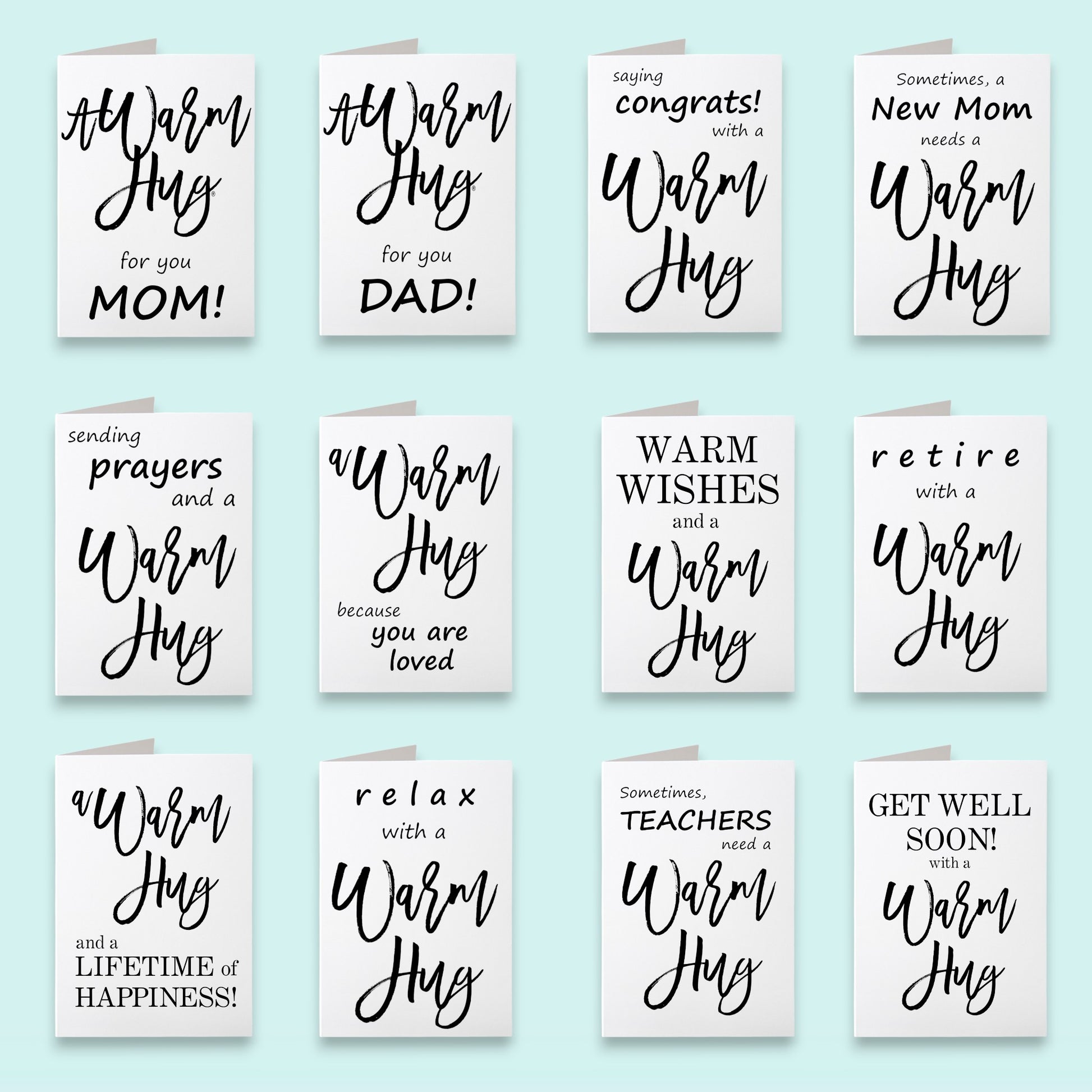 Collection of cards with various messages about warm hugs on a light blue background