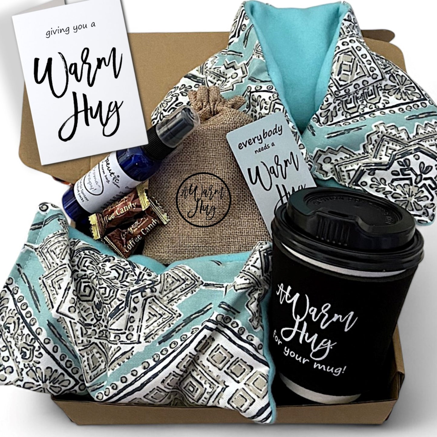 A Warm Hug Box, Best Gift with Microwavable Heat Pads, Essential Oil Spray, Cup Sleeve, Magnet and More