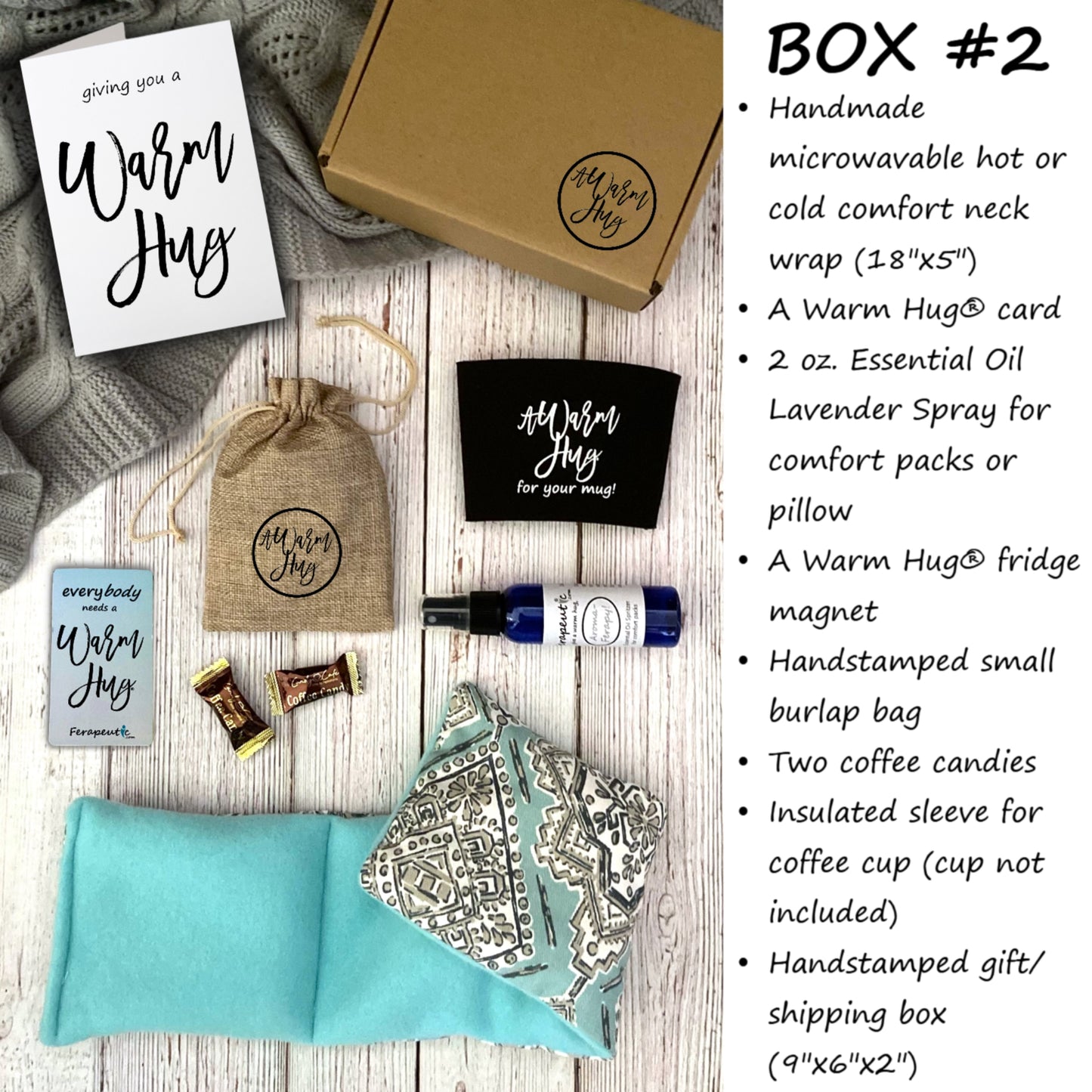 A Warm Hug Box, Best Gift with Microwavable Heat Pads, Essential Oil Spray, Cup Sleeve, Magnet and More