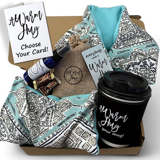 A Warm Hug Box, Best Gift with Microwavable Heat Pads, Essential Oil Spray, Cup Sleeve, Magnet and More