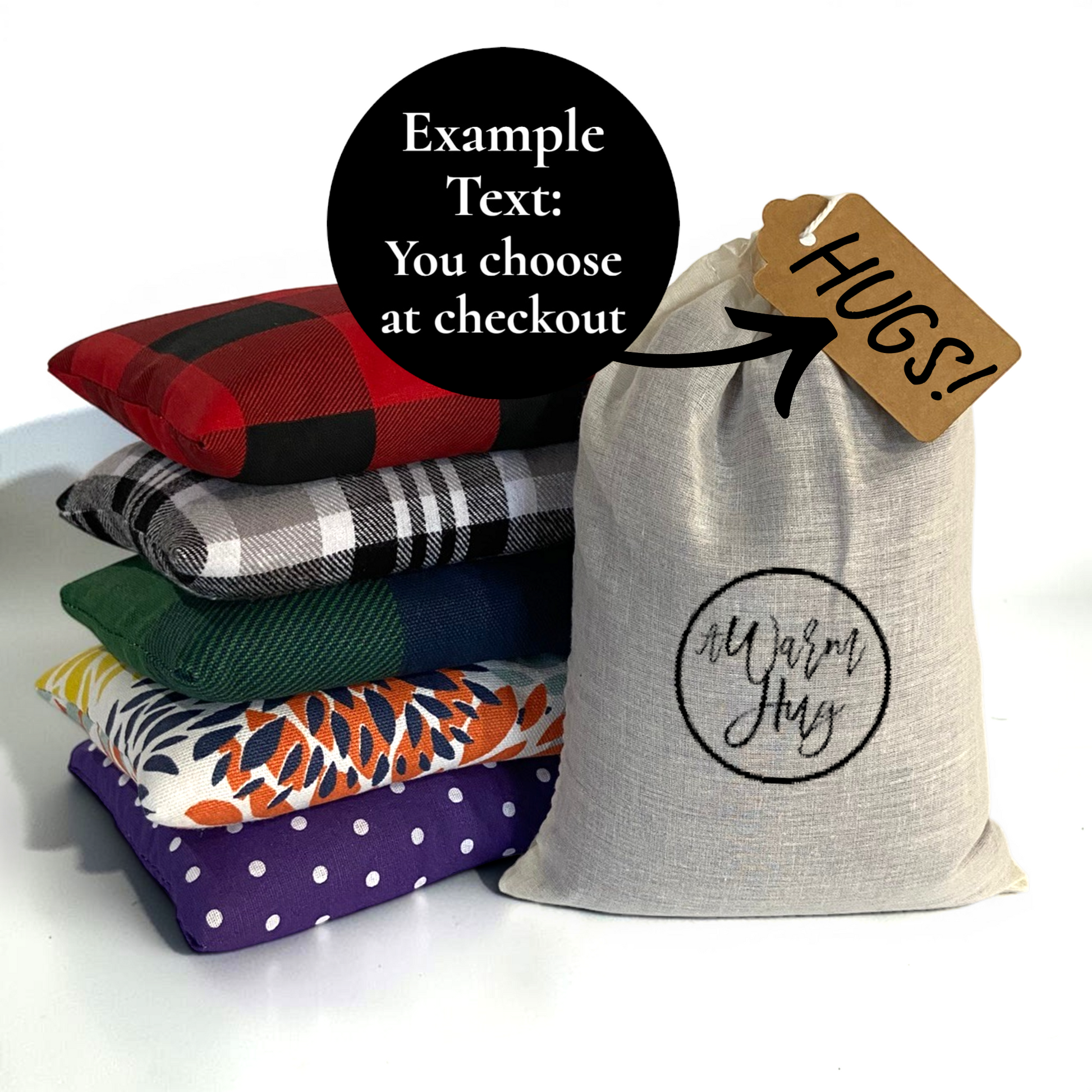 collection of warm hug mini gifts with text that shows example of what can be written on gift tag