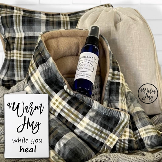 healing feel better get well gift of a warm hug rice bags for pain relief and relaxation, cozy plaid fabric for soothing relief