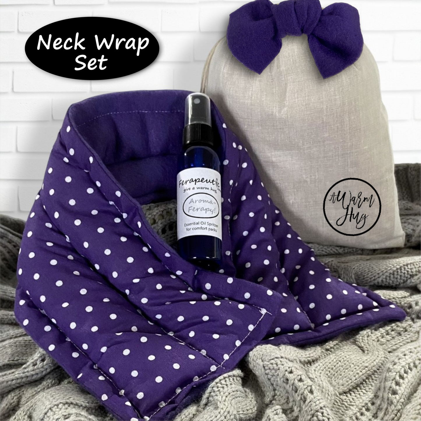 Purple neck wrap with white polka dots and a bottle of essential oil on a textured surface.