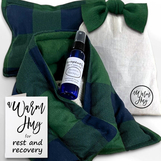 feel better hot or cold pack gift set with herbal aromatherapy, packaged in a warm hug gift bag and beautiful large green bow