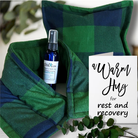 A Warm Hug Box, Best Gift with Microwavable Heat Pads, Essential Oil Spray, Cup Sleeve, Magnet and More