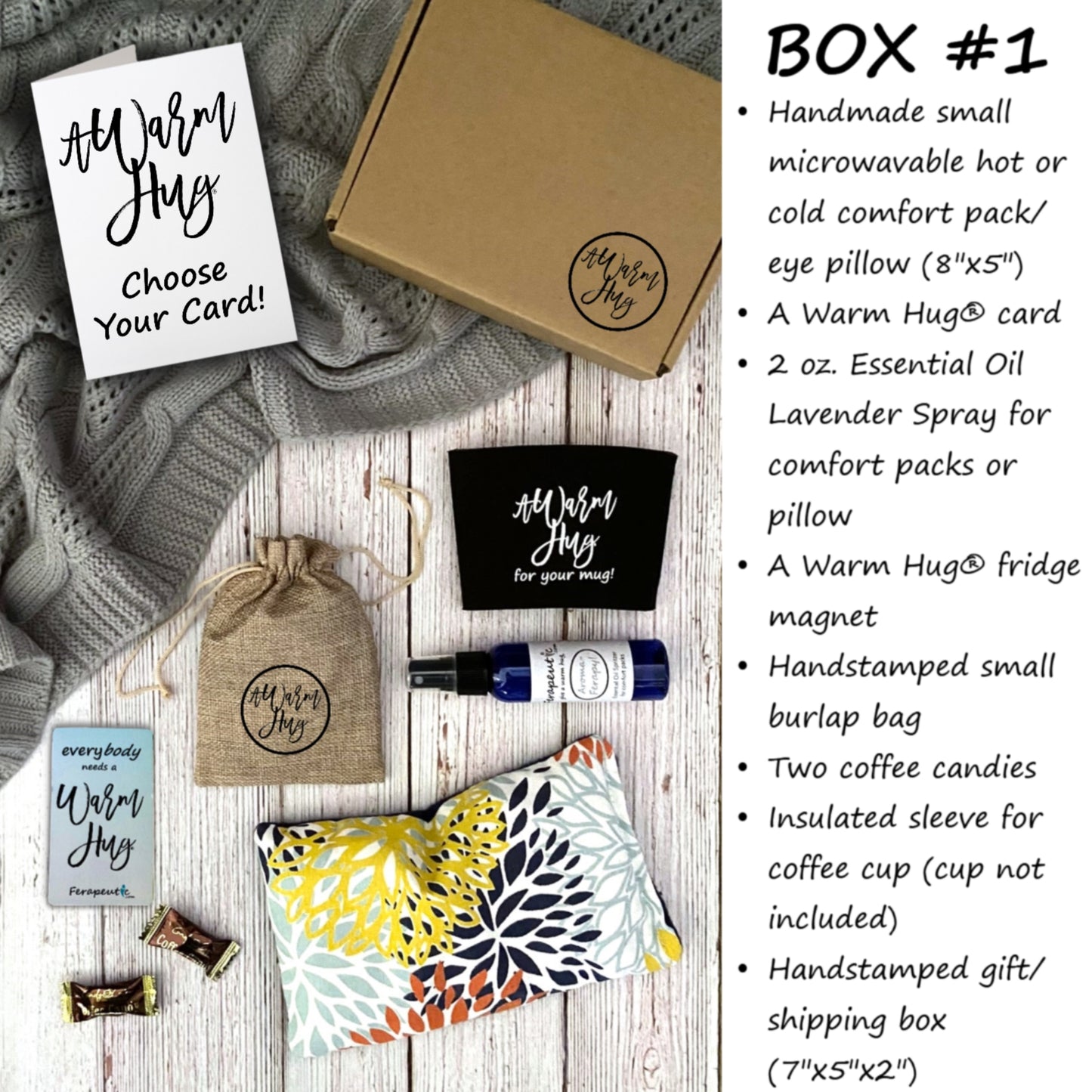 Warm Hug product set with packaging and items on a wooden surface