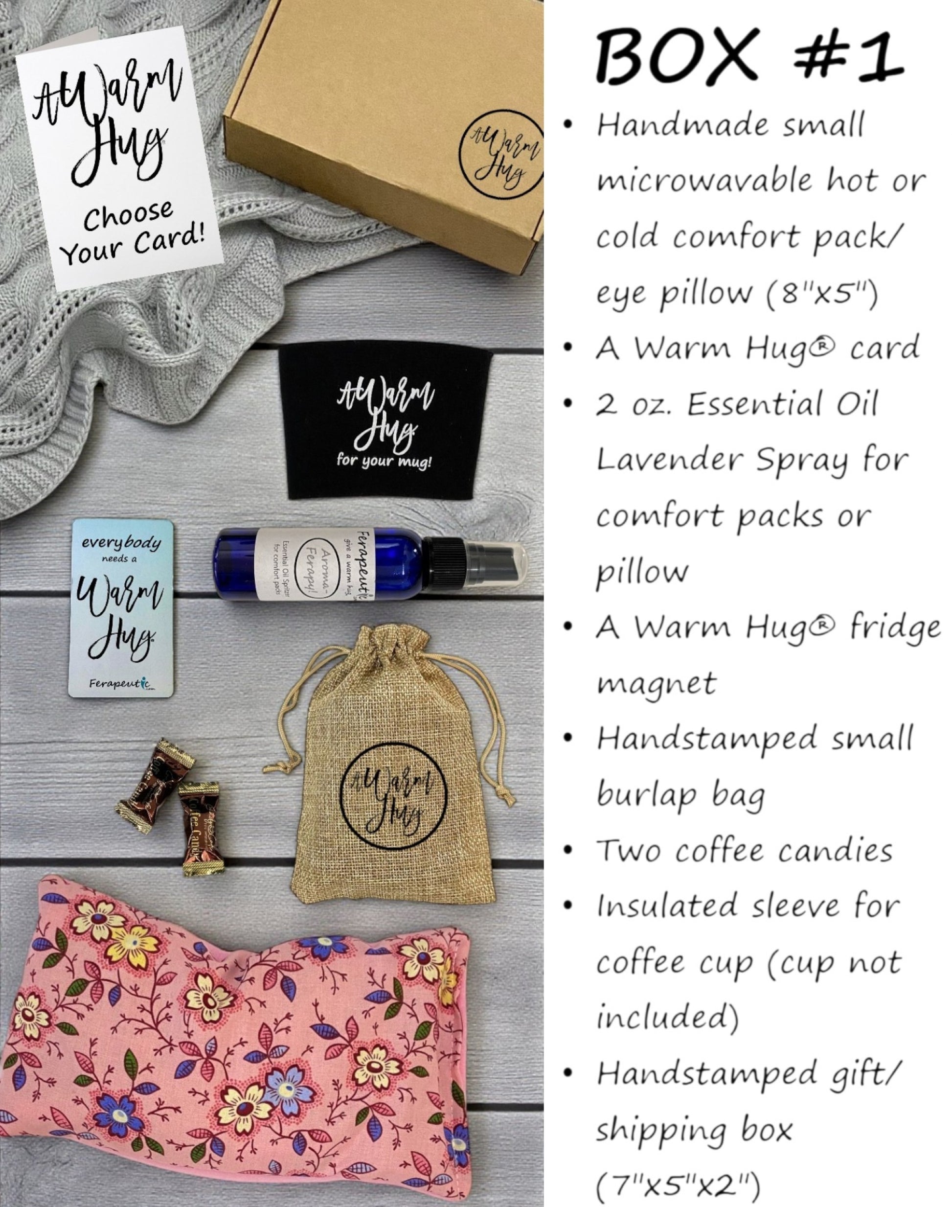 Collection of Warm Hugs products including a pink floral pillow, essential oil spray, and packaging on a wooden surface.