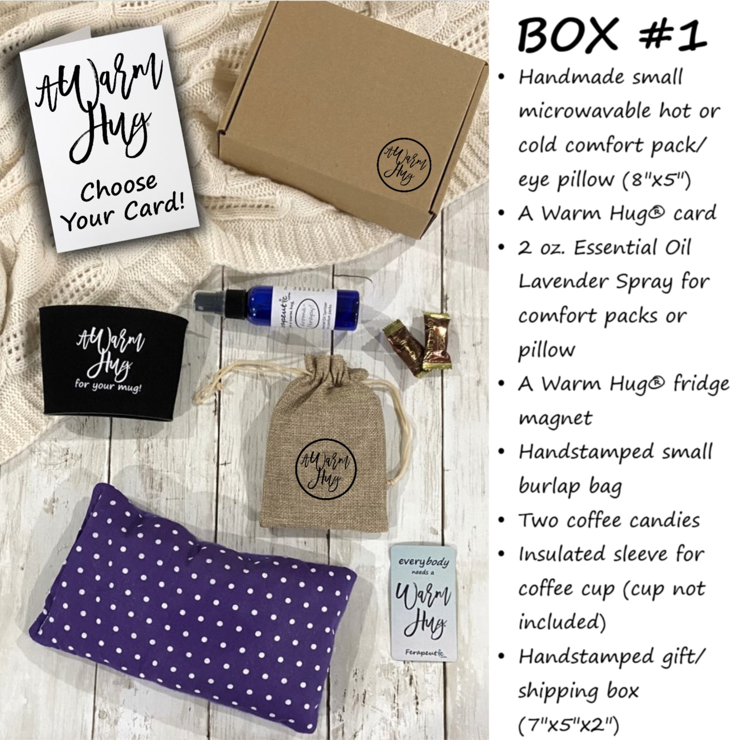 Collection of 'All Warm Hug' products including a purple comfort pack, lavender spray, and packaging on a wooden surface.