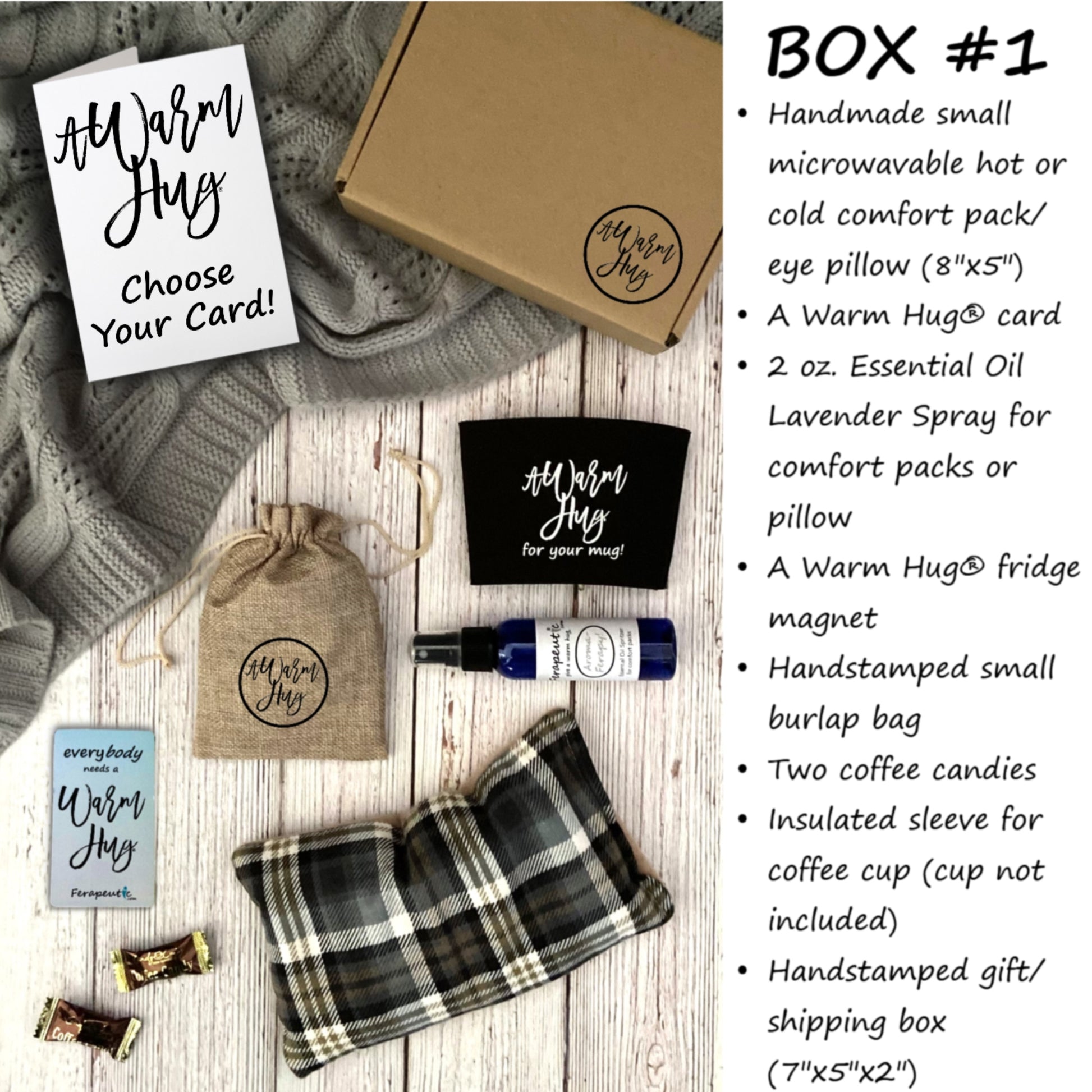 Warm Hug product set with packaging and items on a wooden surface