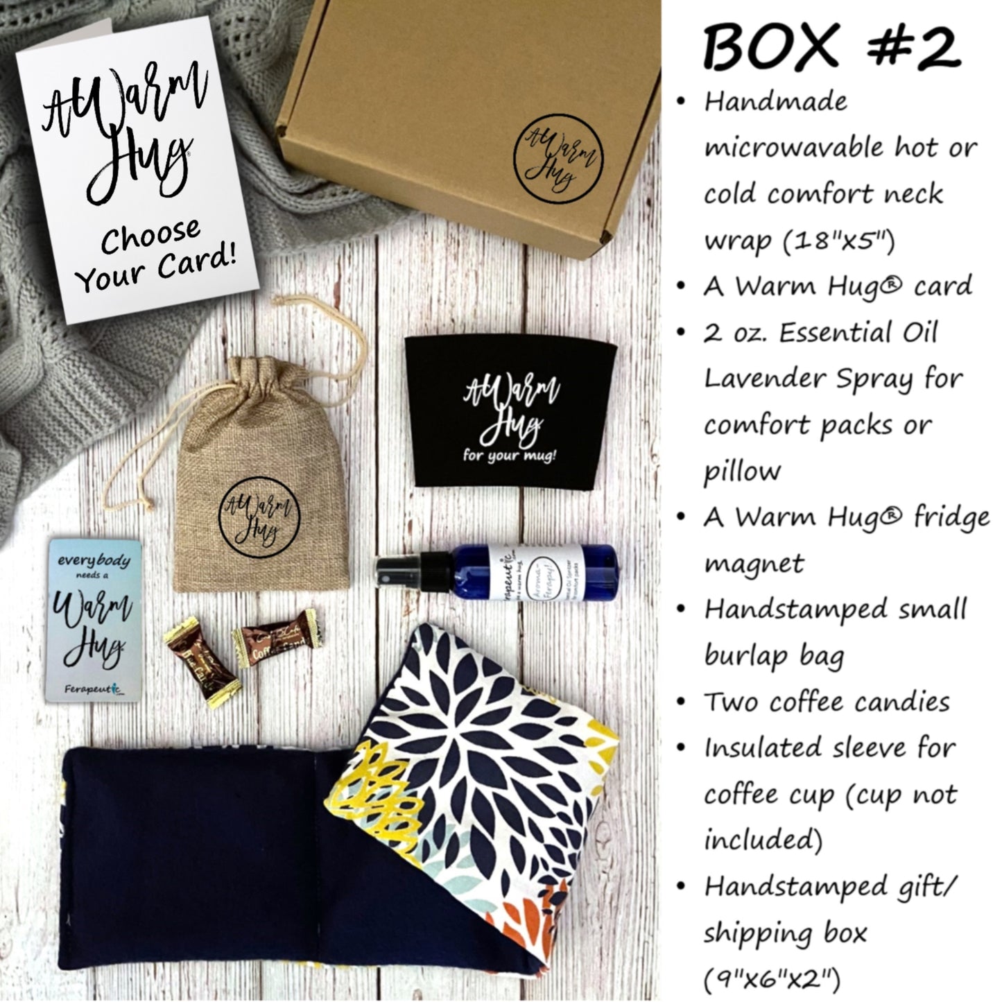 Warm Hug product set with packaging and items on a wooden surface