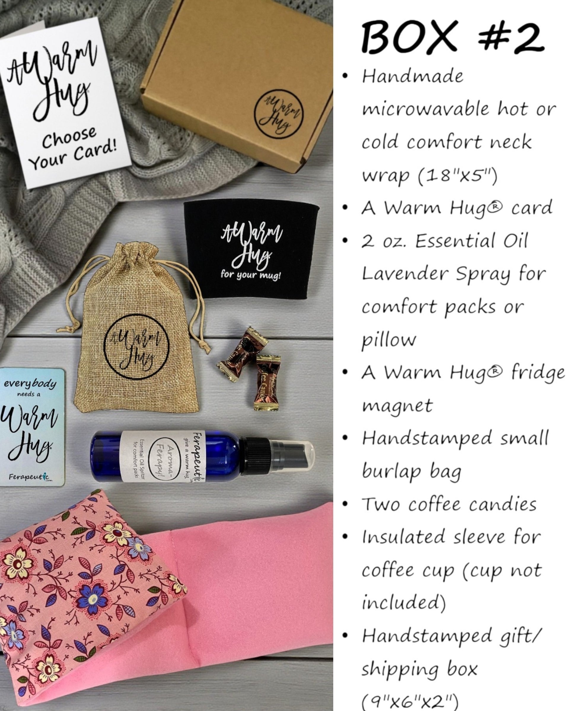 Warm Hug product set with packaging and items on a wooden surface