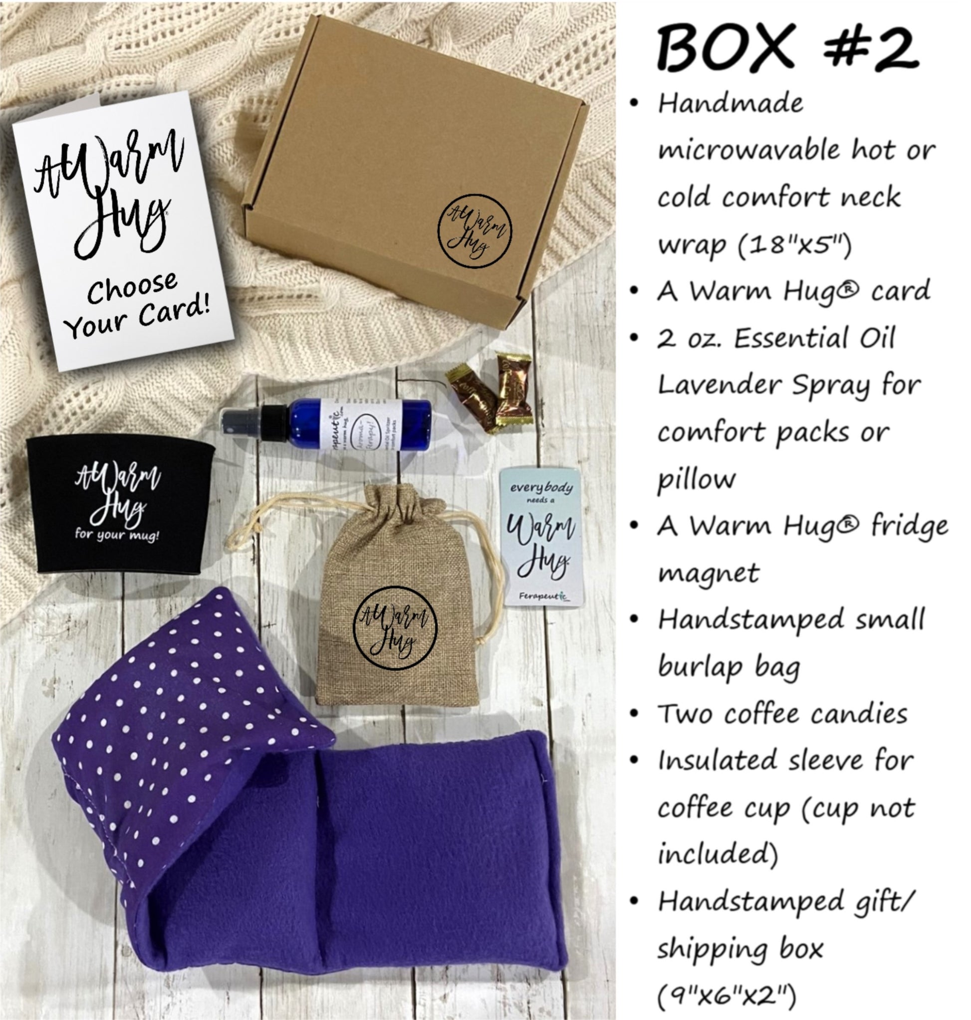 Warm Hug product set with packaging and items on a wooden surface