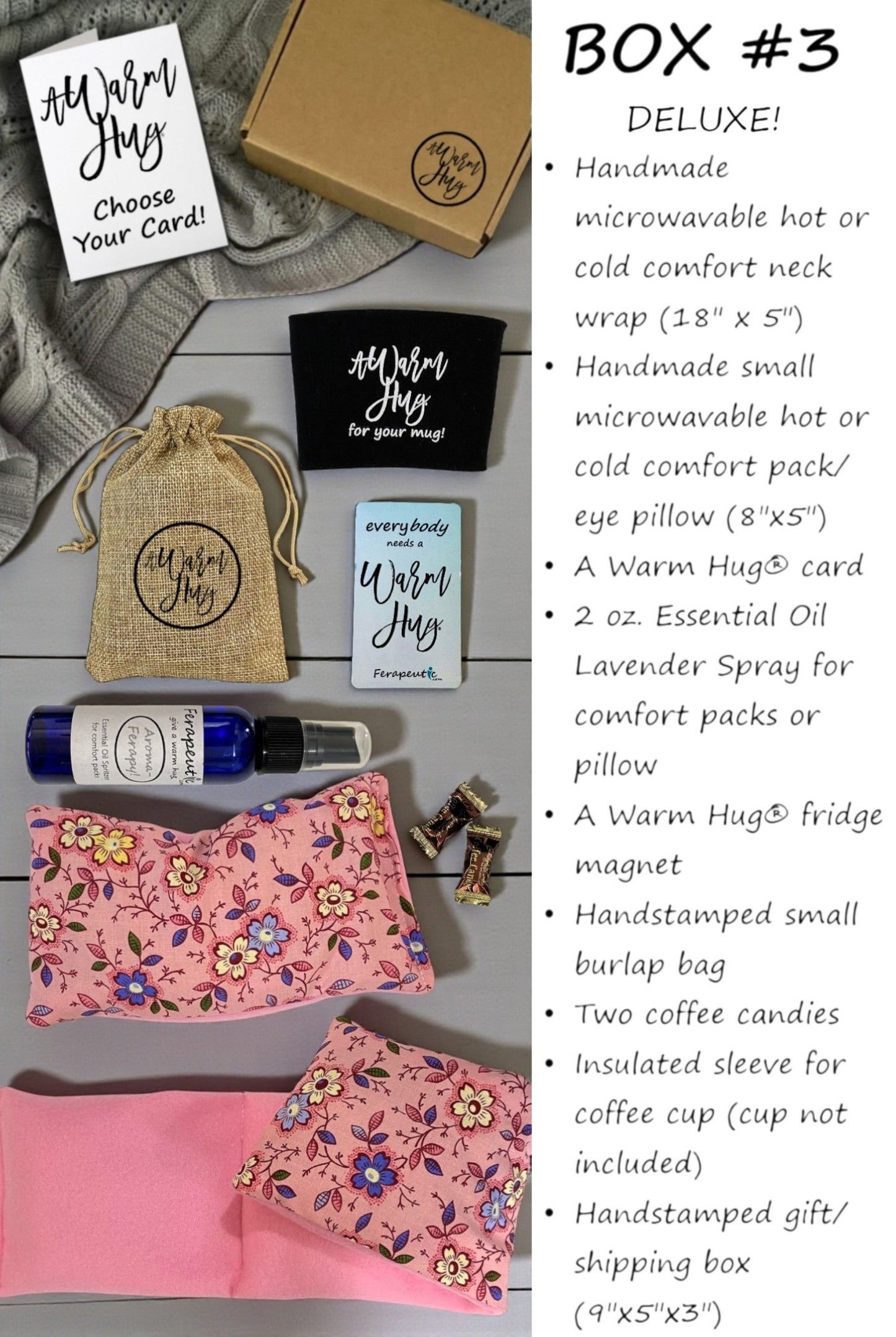 Promotional image of a 'Warm Hug' product set with packaging and items on a wooden surface.