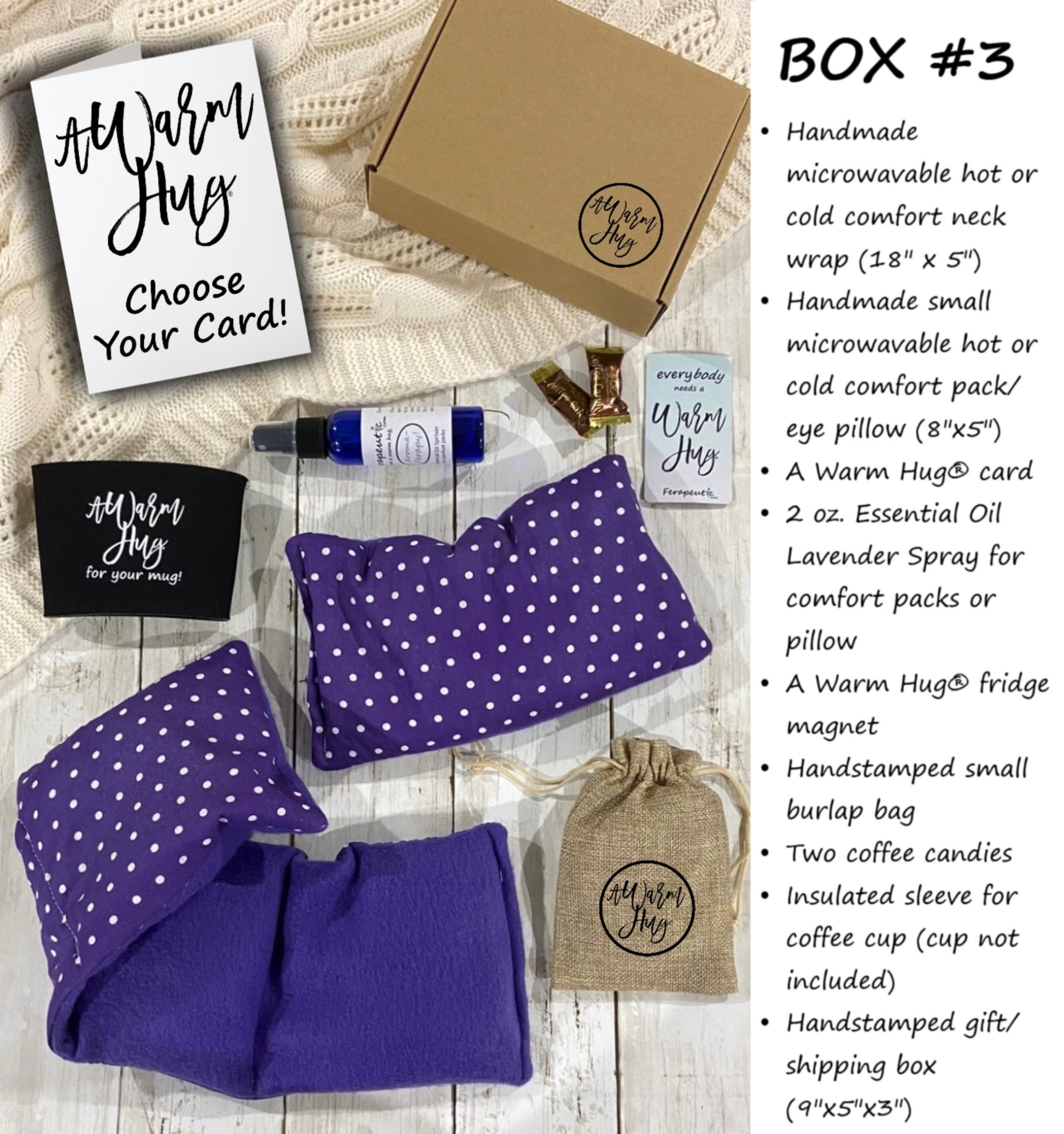 Collection of 'Warm Hug' products including neck wraps, eye pillow, lavender spray, and packaging on a wooden surface.