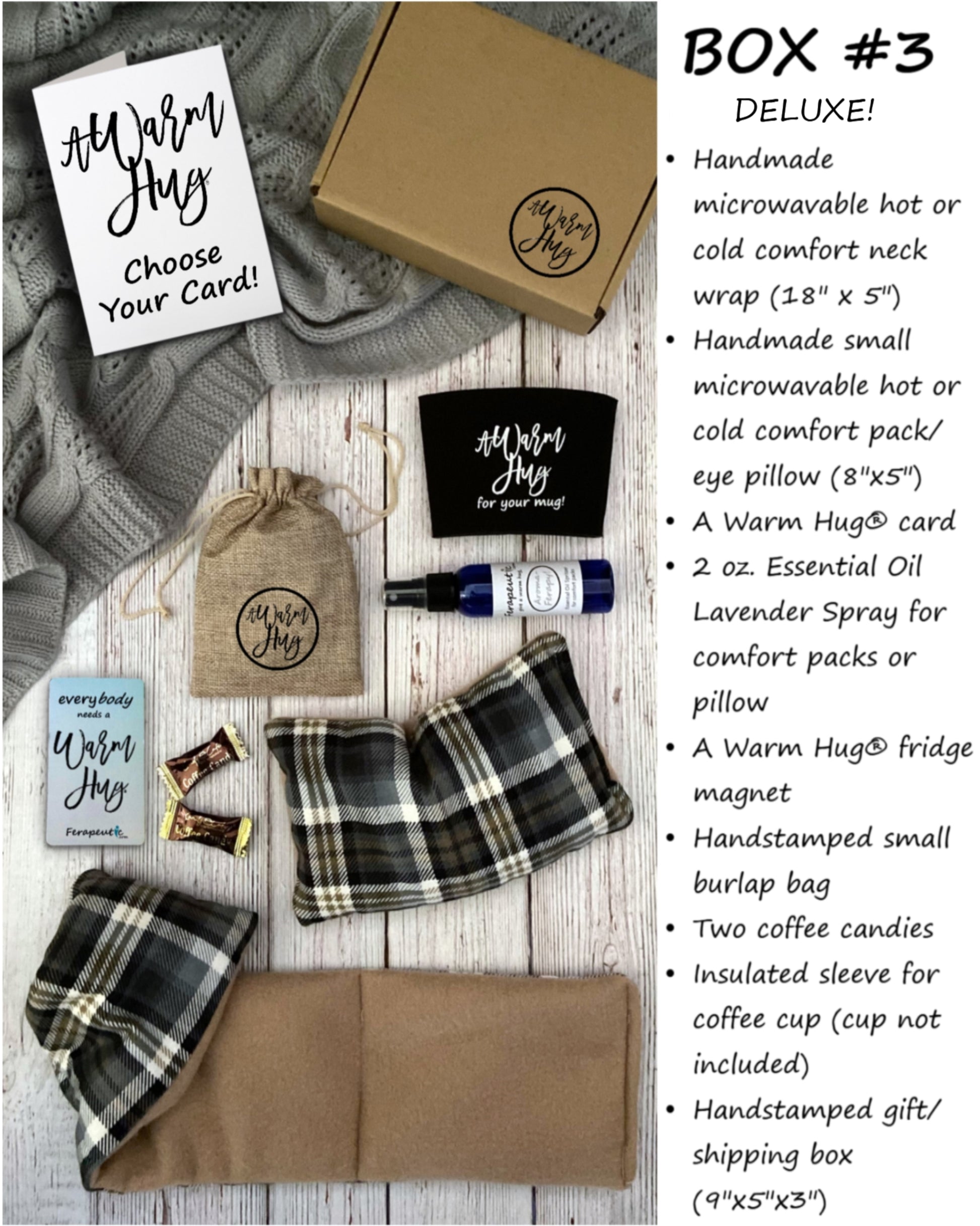 Deluxe gift set with neck wrap, eye pillow, and other items on a wooden surface.