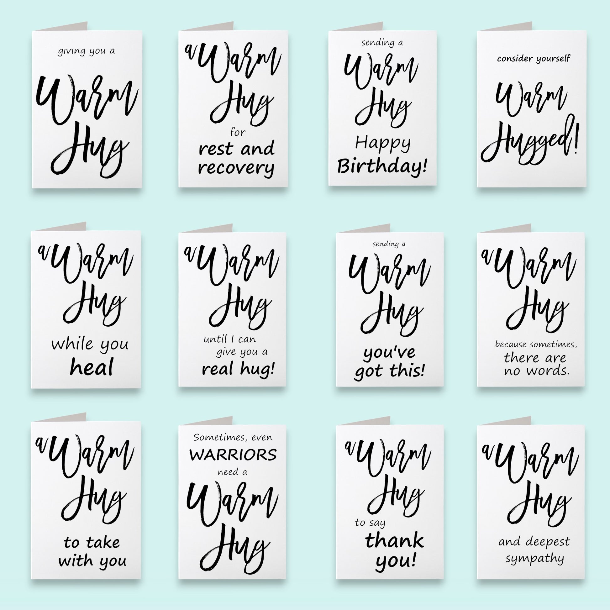 Collection of 'Warm Hug' cards with various messages on a light blue background