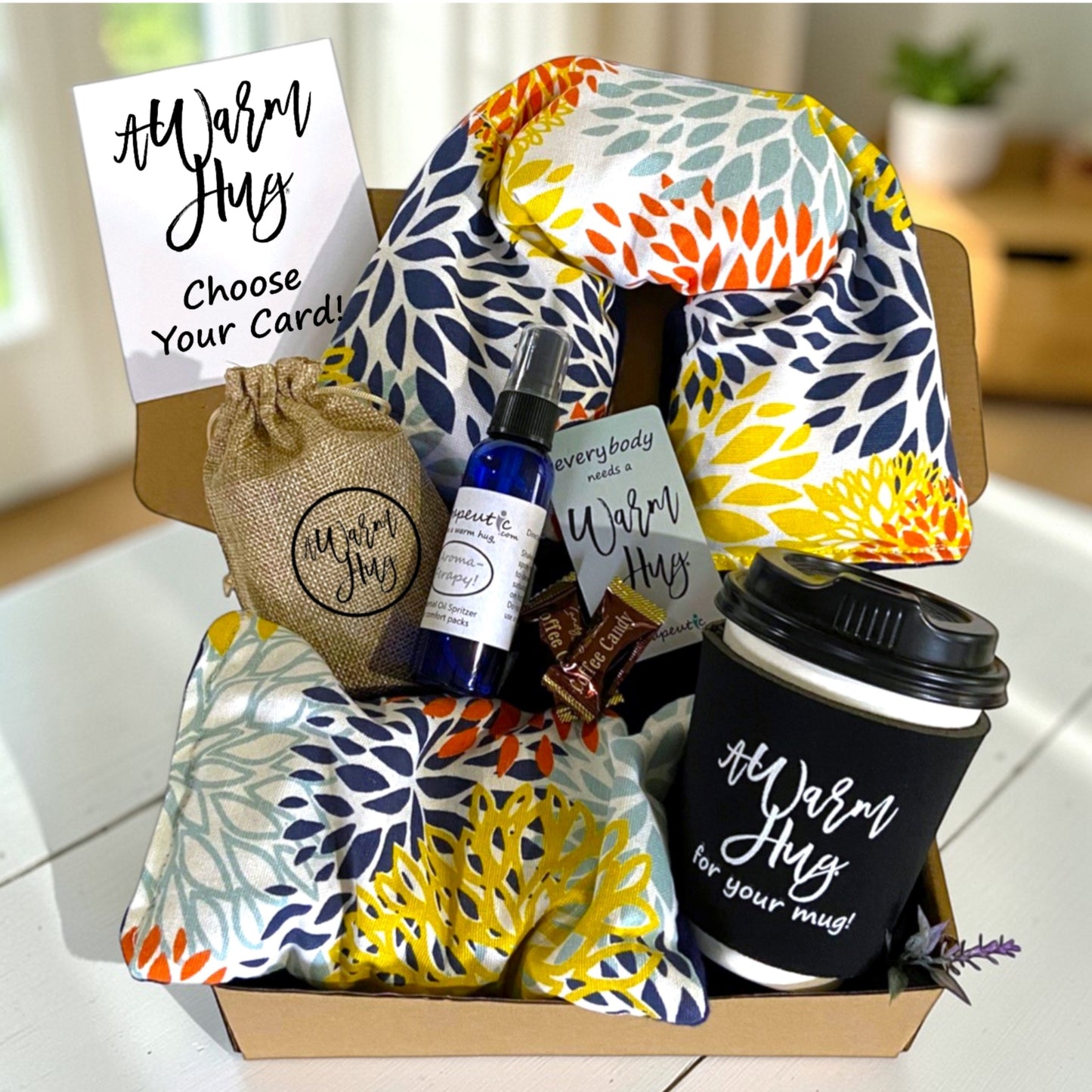microwave heat pads in blooms fabric with burlap bag, aromatherapy spray, candy, warm hug insulated cup sleeve and magnet