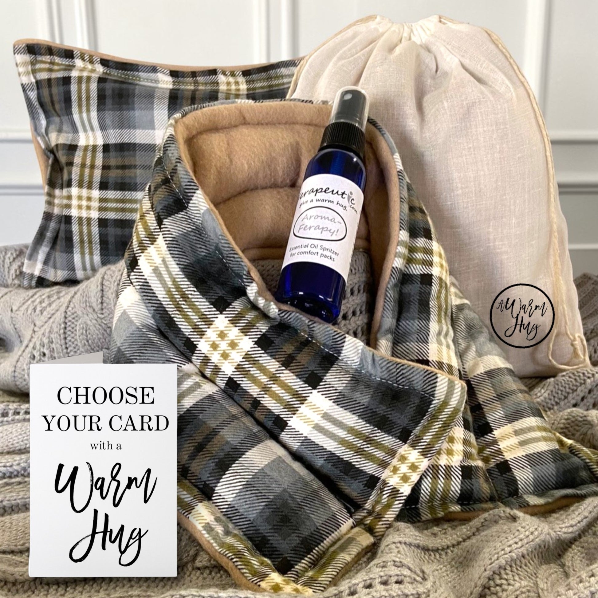 Warm hug gift set consisting of a microwavable rice neck wrap, heat bag, relaxation spray in a rustic gift bag with card